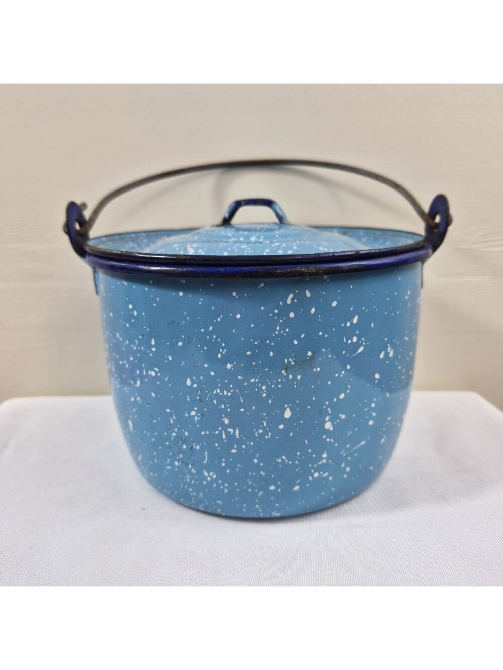 Vintage Blue Speckled Enamelware Pot with Lid Bail Handle Graniteware Farmhouse